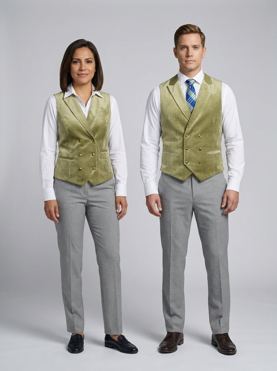 Dama y caballero con chaleco de terciopelo verde lima cruzado sobre camisa blanca y pantalón gris, para resort.