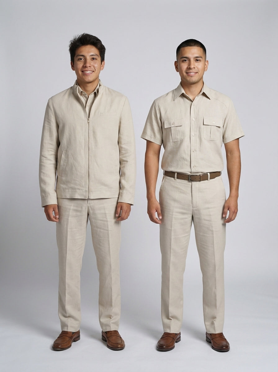 Dos caballeros con chamarra y camisa safari de lino beige y pantalón beige, para personal de resort.