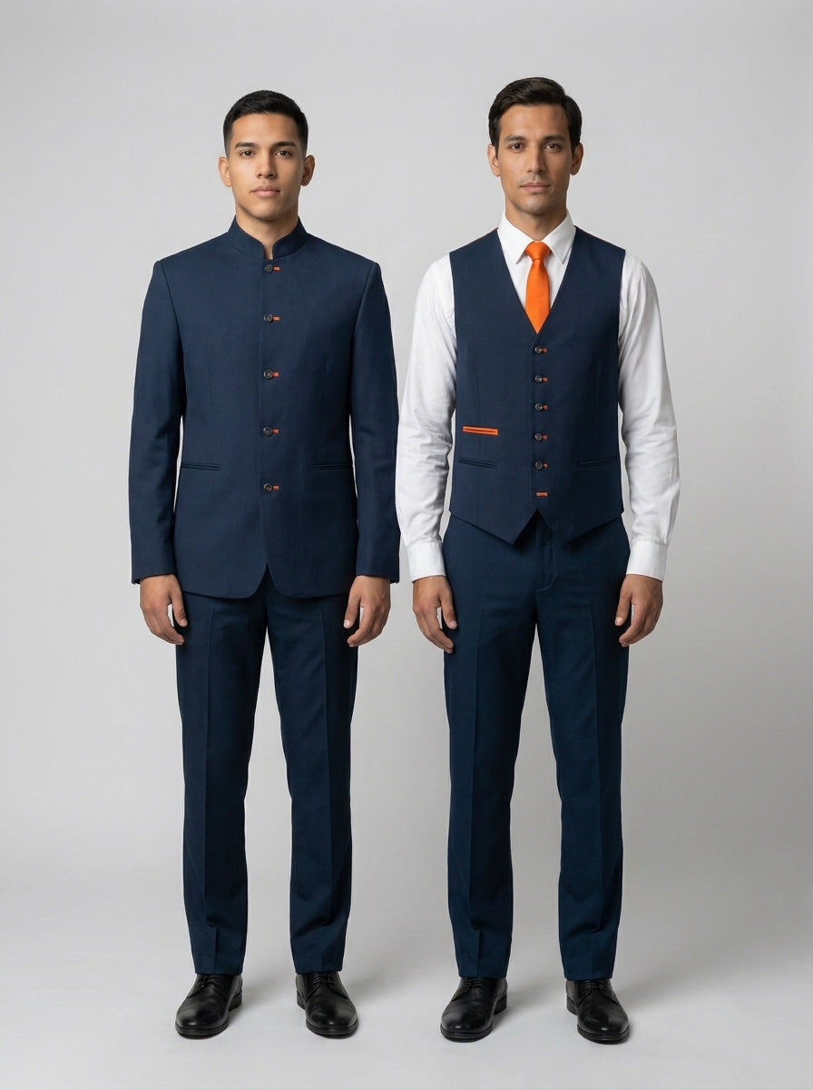 Dos caballeros con chaqueta de cuello mao y chaleco azul marino de detalle naranja sobre camisa blanca para restaurante asiático.