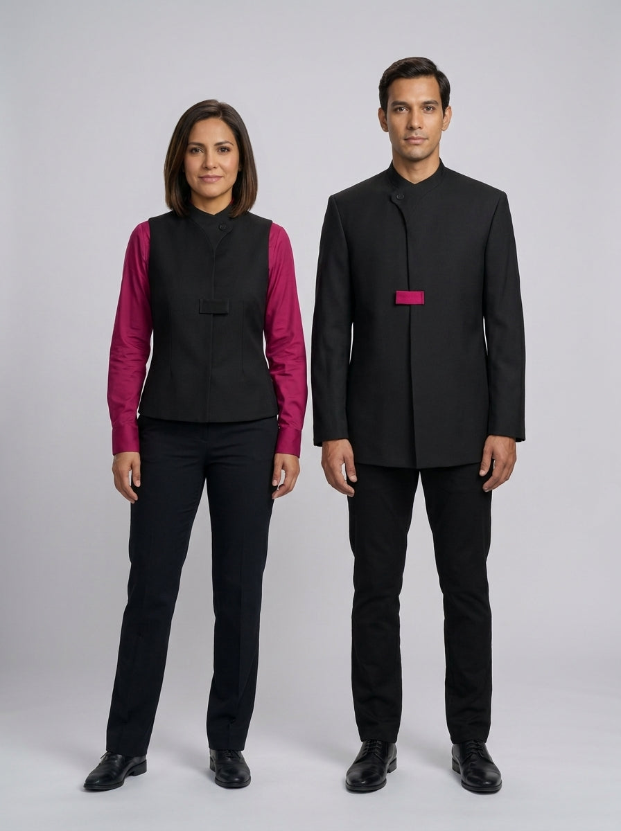 Dama y caballero con chaqueta y chaleco negro de cuello mao y detalle fucsia para restaurante asiático.