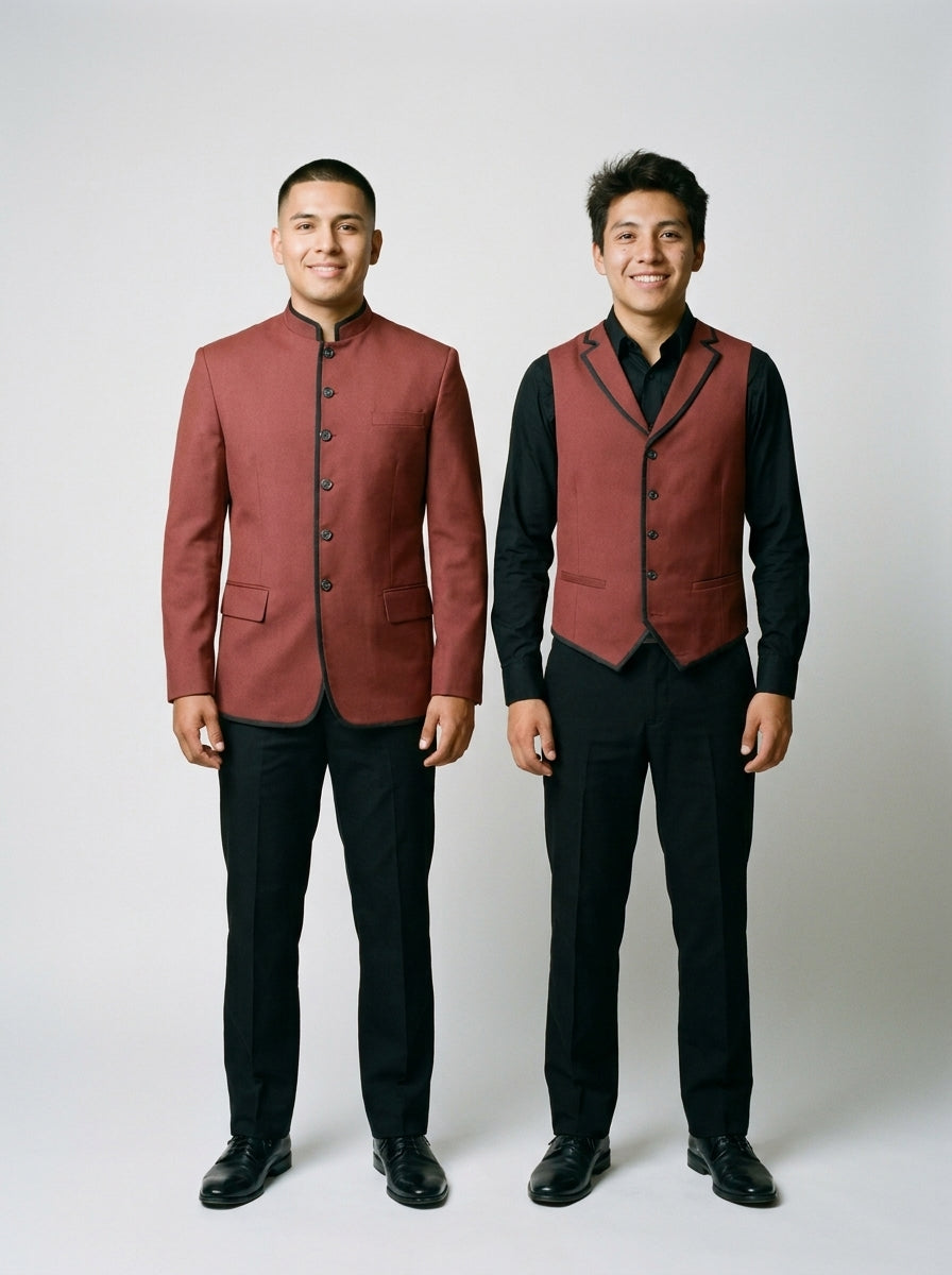 Dos caballeros con chaqueta de cuello mao y chaleco vino con ribete negro sobre camisa negra para restaurante asiático.