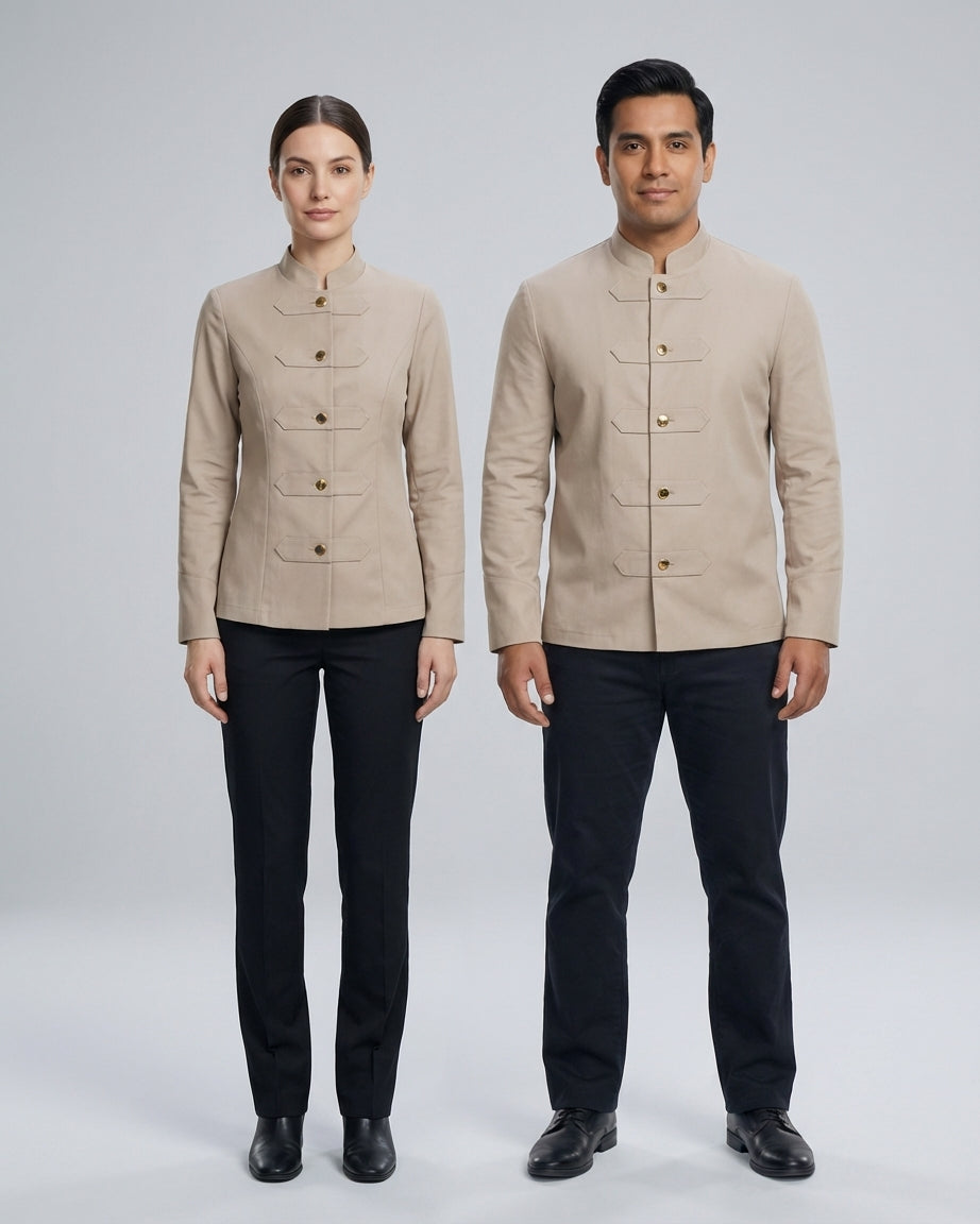 Dama y caballero con chaqueta de cuello mao arena y botonadura dorada para personal de restaurante.