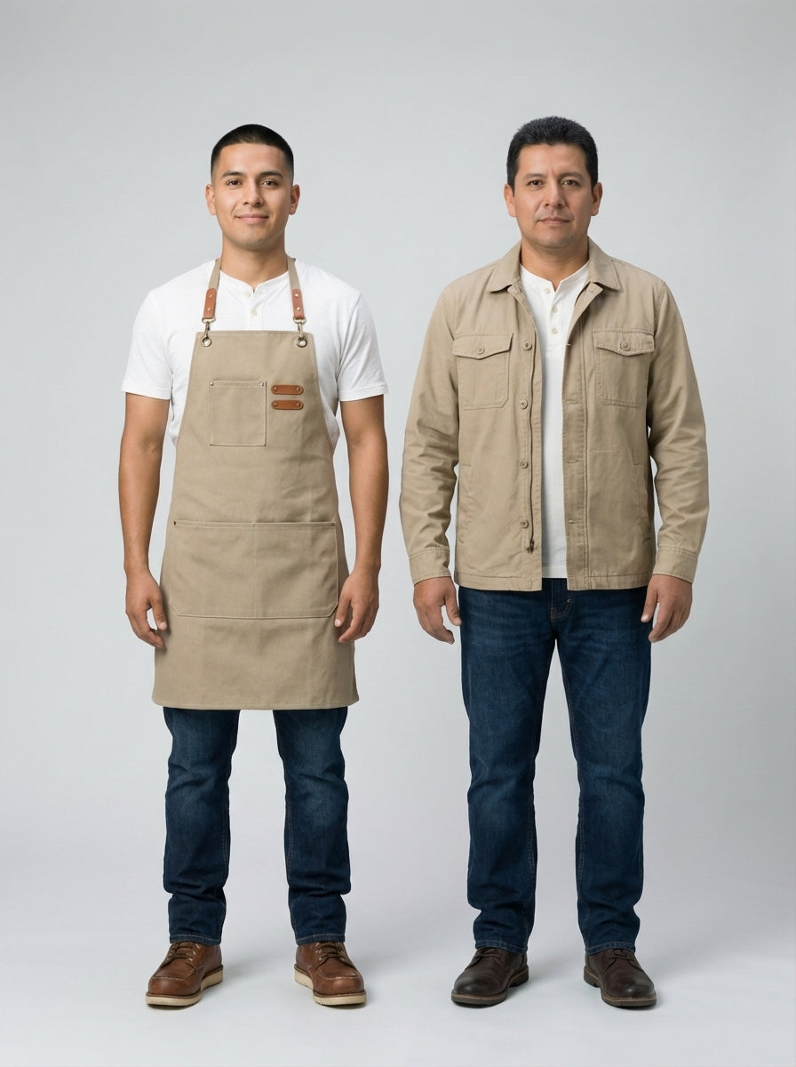 Dos caballeros con chaqueta camisera y mandil kaki con detalles de cuero para bar y restaurante.