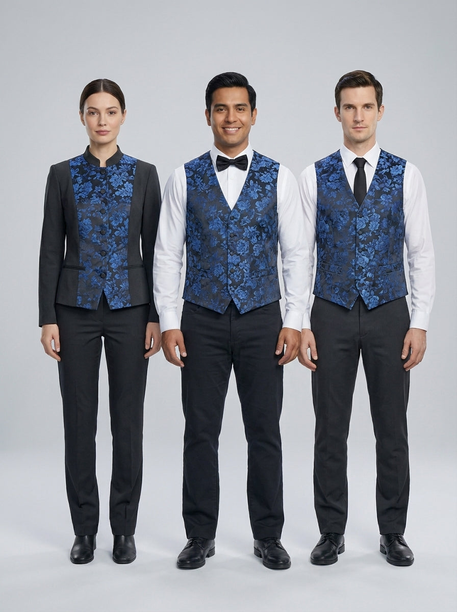 Chaqueta femenina y chalecos masculinos azul marino con estampado floral, cuello mao y cuello en V, para dealer de casino.