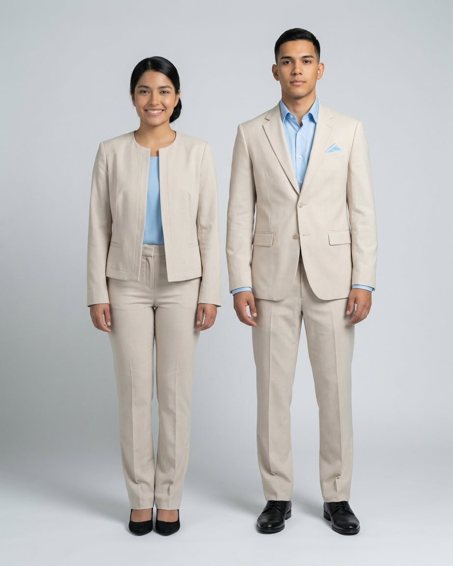 Dama con saco beige y blusa azul cielo y caballero con traje beige y camisa azul, para recepción de resort.