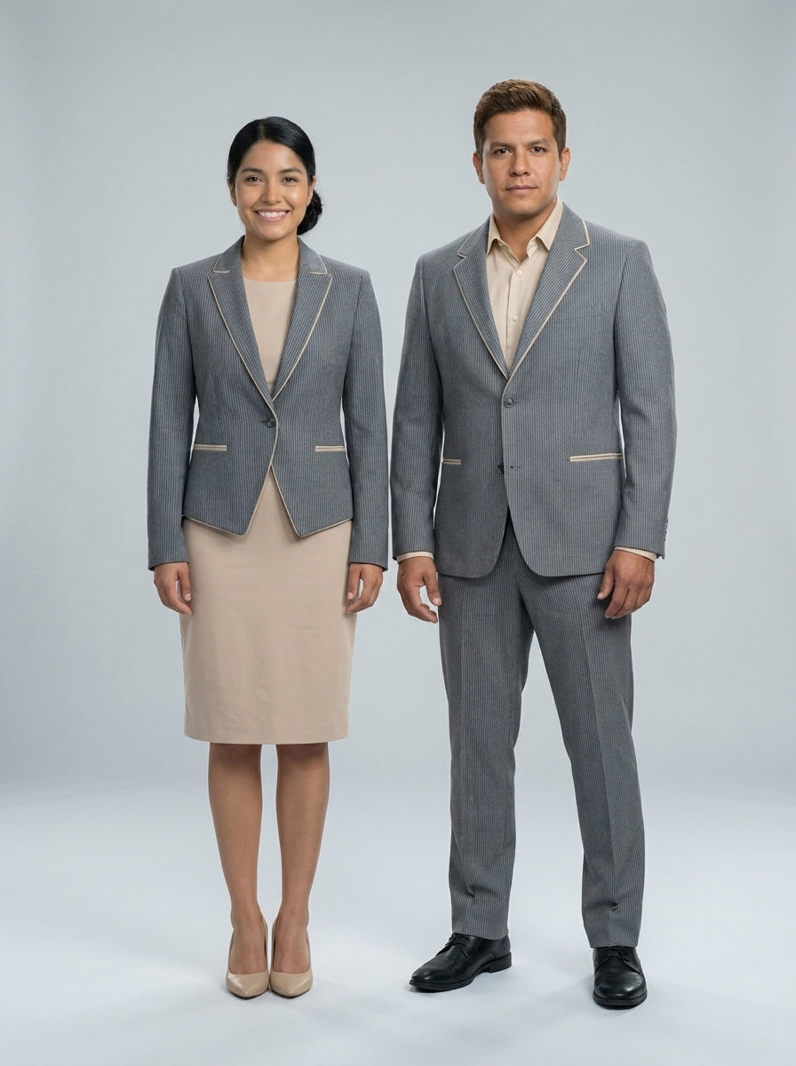 Dama con saco gris a rayas y vestido beige y caballero con traje gris a rayas, para recepción de resort.