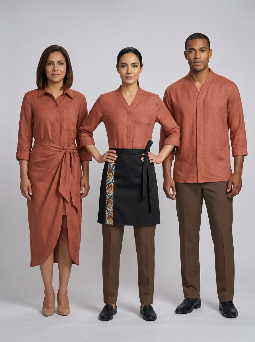 Tres personas con blusa, vestido y camisa terracota para personal de restaurante.