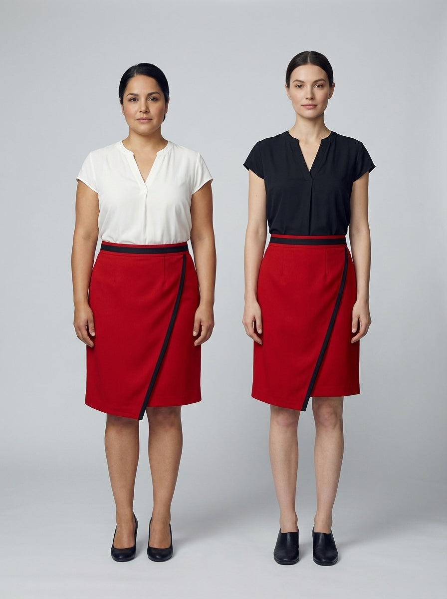 Dos damas con falda cruzada roja de vivo negro y blusa blanca y negra para anfitriona de restaurante.