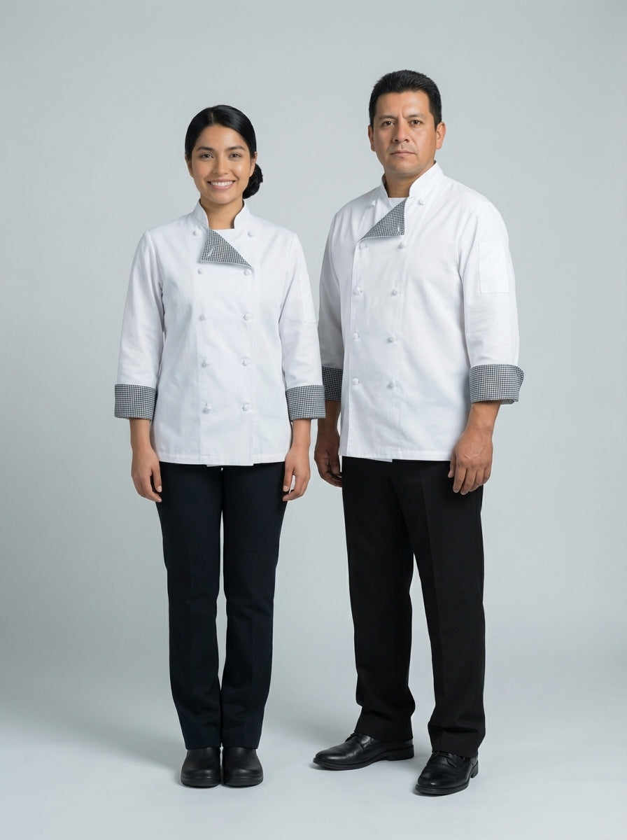 Dama y caballero con filipina de chef blanca de detalle pata de gallo en cuello y puños para cocina.