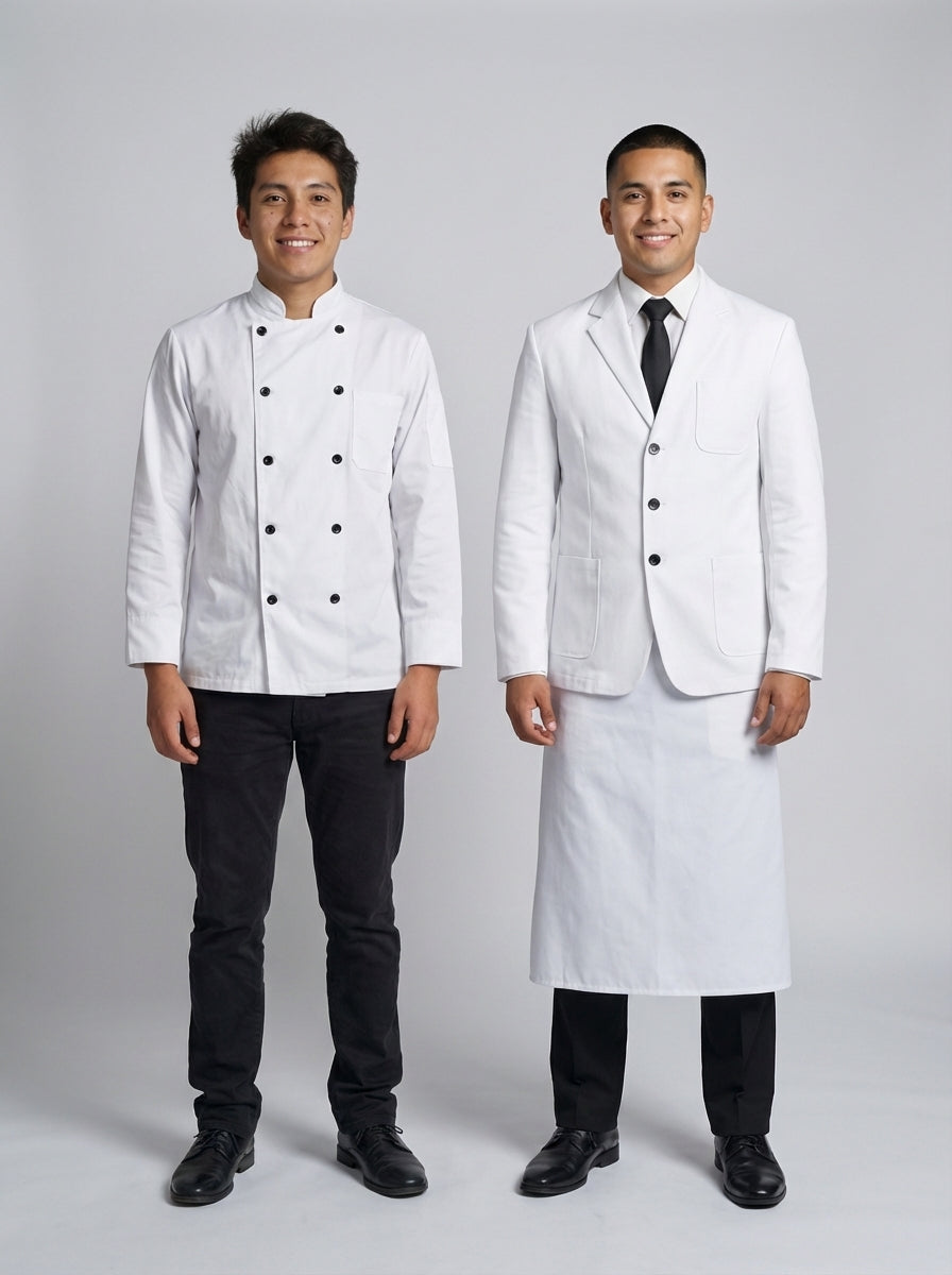 Caballero con filipina de chef blanca de botones negros y caballero con saco blanco y mandil para personal de restaurante.