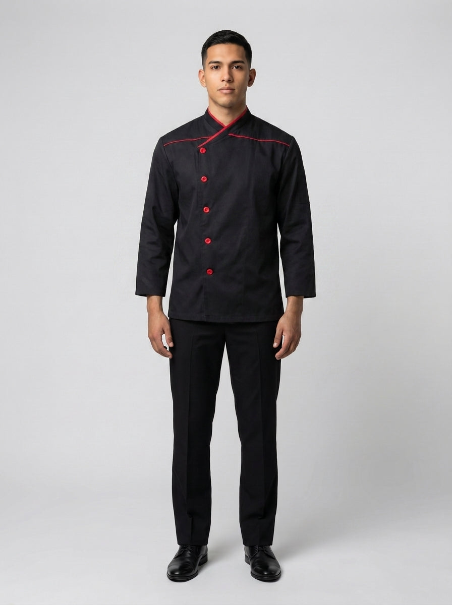 Caballero con filipina negra de cuello mao rojo y botones rojos estilo asiático para restaurante.