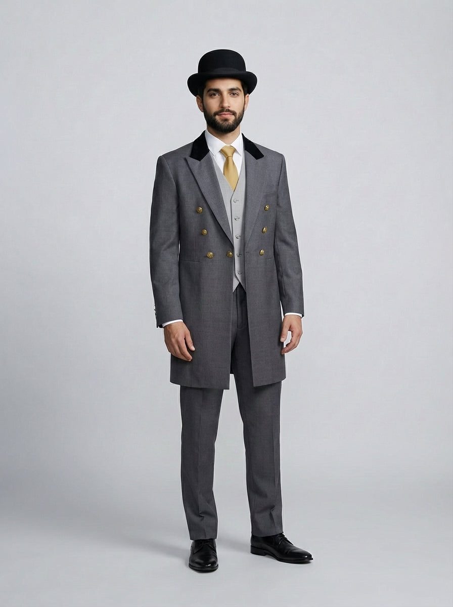 Caballero con levita gris de cuello de terciopelo negro, botones dorados y bombín para portero y concierge de hotel.