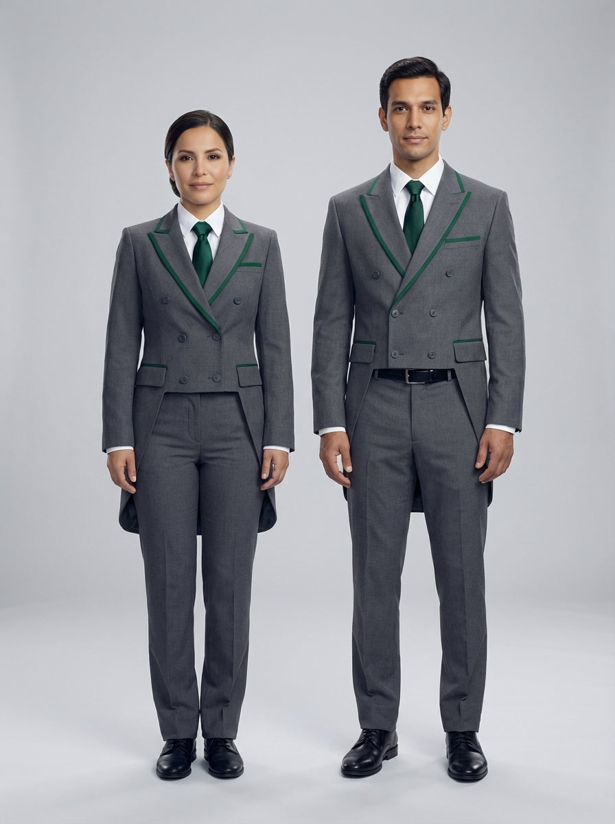 Dama y caballero con levita gris de gala con vivo verde y corbata verde para personal de restaurante.