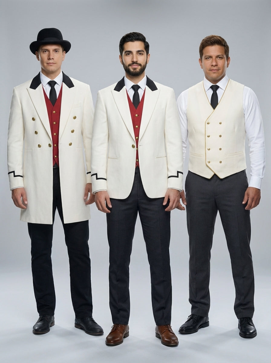 Tres caballeros con levita, saco y chaleco marfil con chaleco rojo y botones dorados para portero y bellboy de hotel.