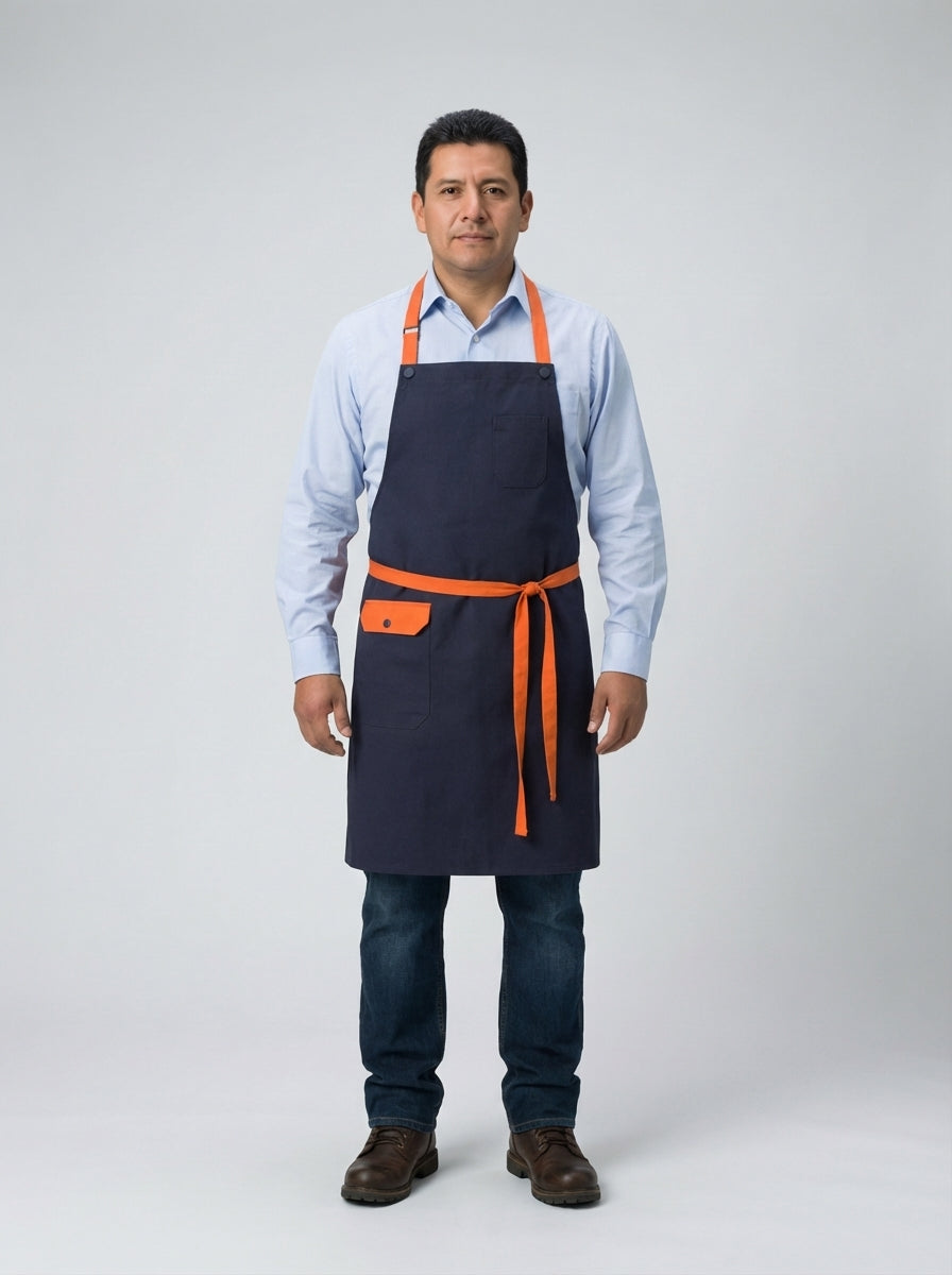 Mandil tipo pechero azul marino con tirantes, cinturón y bolsillo en naranja para personal de restaurante.