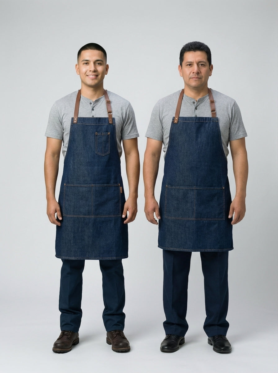 Mandil tipo pechero en denim oscuro con tirantes de cuero café para bartender y mesero de restaurante.