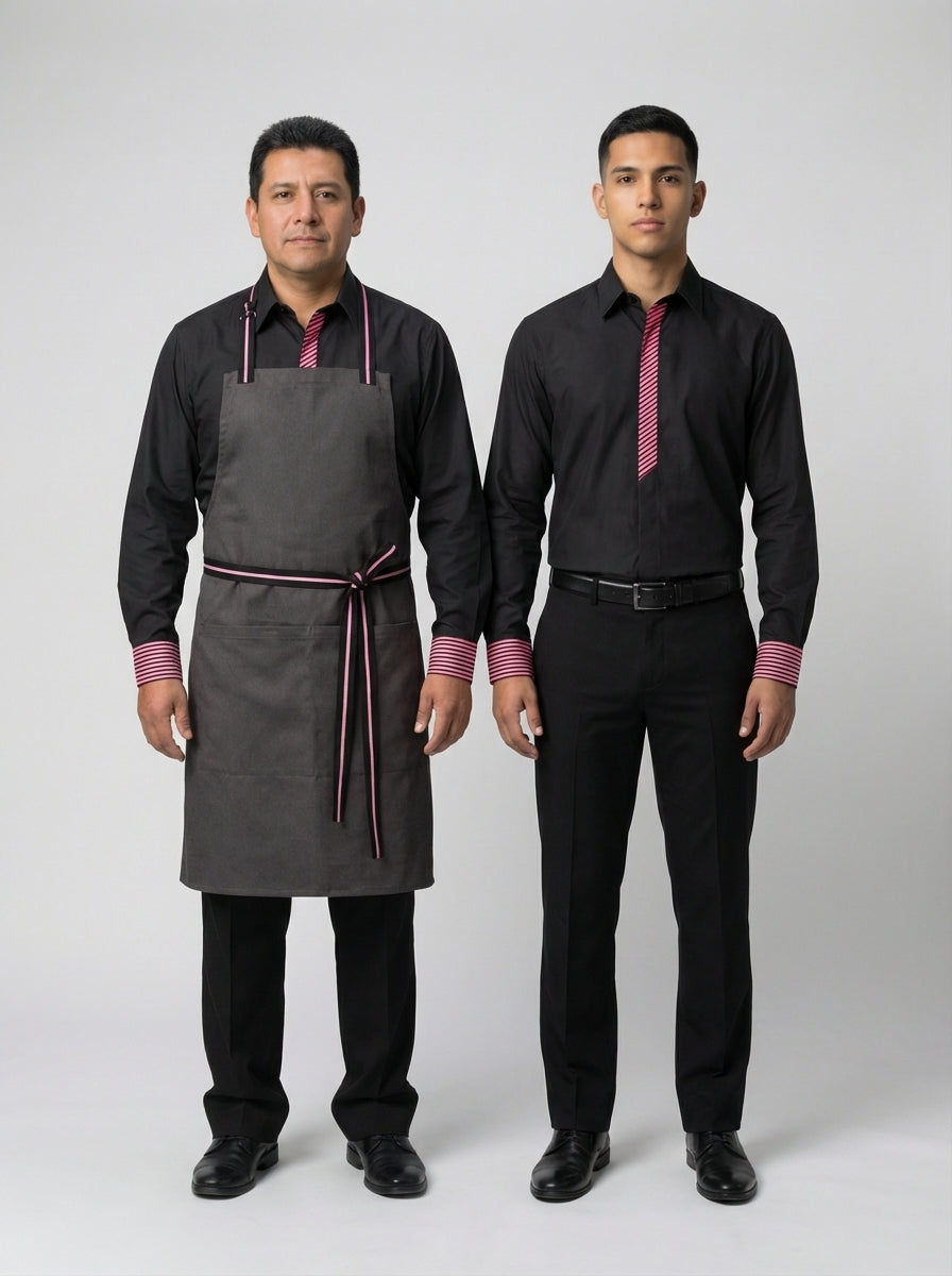 Mandil tipo pechero gris carbón con tirantes y cinturón en rosa fucsia, combinado con camisa negra para bartender de bar y restaurante.