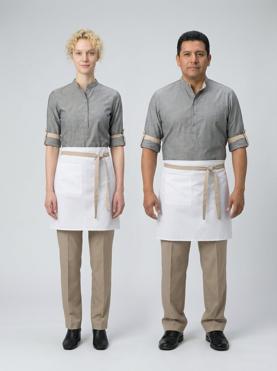 Mandil medio blanco con cinturón beige combinado con camisa gris de cuello mao manga tres cuartos para mesero.