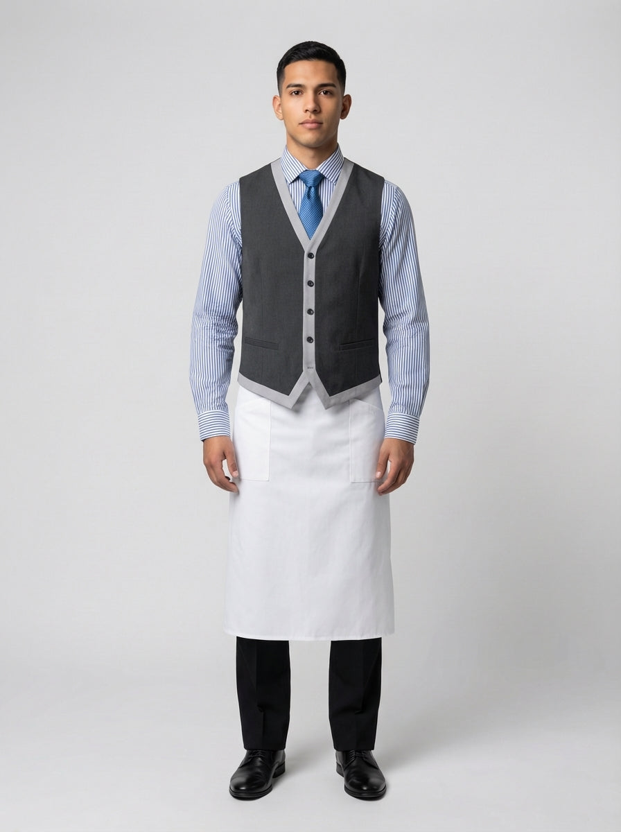 Mandil medio blanco de corte largo para mesero combinado con chaleco gris carbón y camisa de rayas azul.