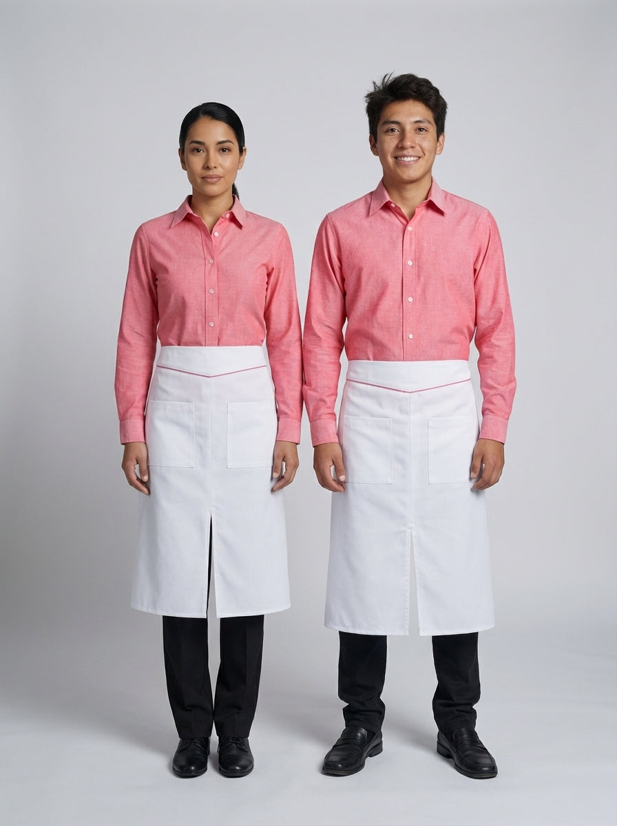 Mandil medio blanco con cinturón y detalle en rosa combinado con camisa rosa manga larga para mesero y hostess.