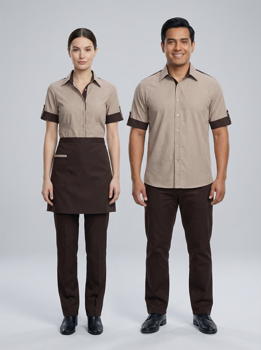 Mandil medio café con bolsillo beige y camisa beige manga corta para mesero de restaurante.