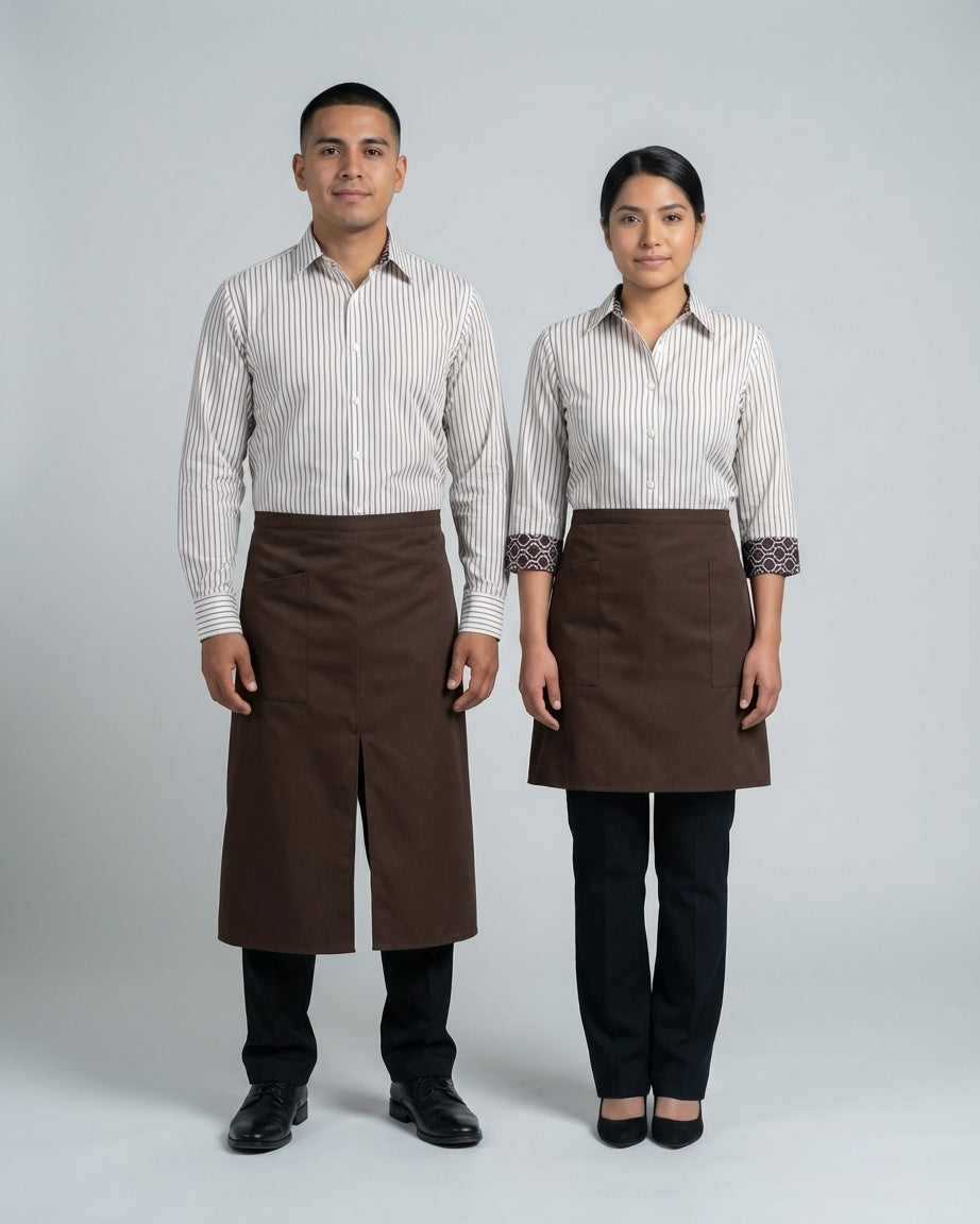 Mandil medio café en versiones corta femenina y larga masculina con camisa blanca de rayas finas.