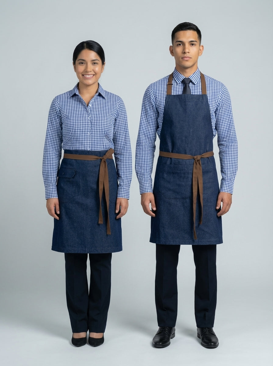 Mandil medio denim femenino y mandil denim con tirantes masculino, con cinturón café y camisa de cuadros azul y blanco.