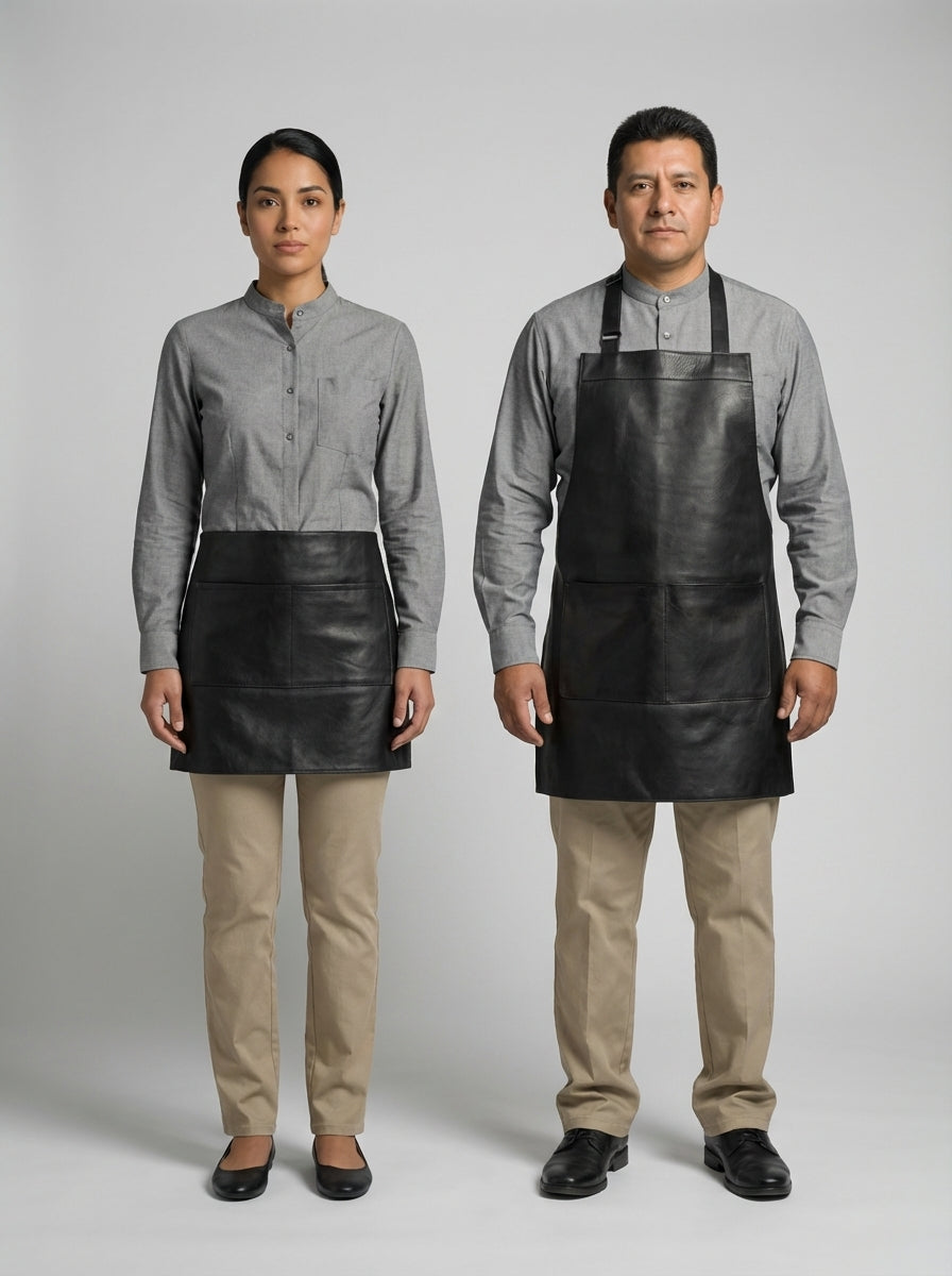 Mandil medio tipo piel negro femenino y mandil piel negro con tirantes masculino, con camisa gris de cuello mao.