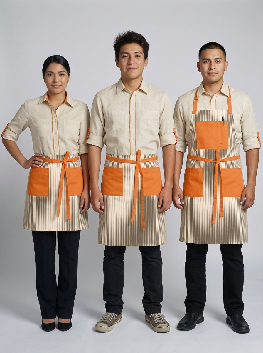 Mandil medio de rayas beige con bolsillos naranja en versiones corta y larga, y mandil pechero con tirantes naranja.