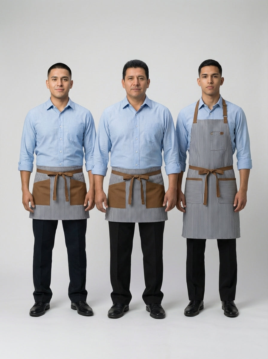 Mandil medio de rayas gris y beige con bolsillos café en versiones corta y larga, y mandil pechero con tirantes, con camisa azul celeste.