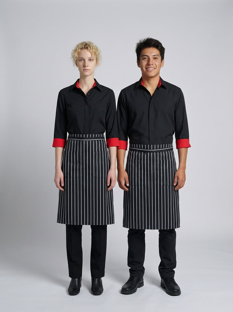 Mandil medio de rayas negro y blanco con camisa negra y puños rojos para mesero y bartender de restaurante.