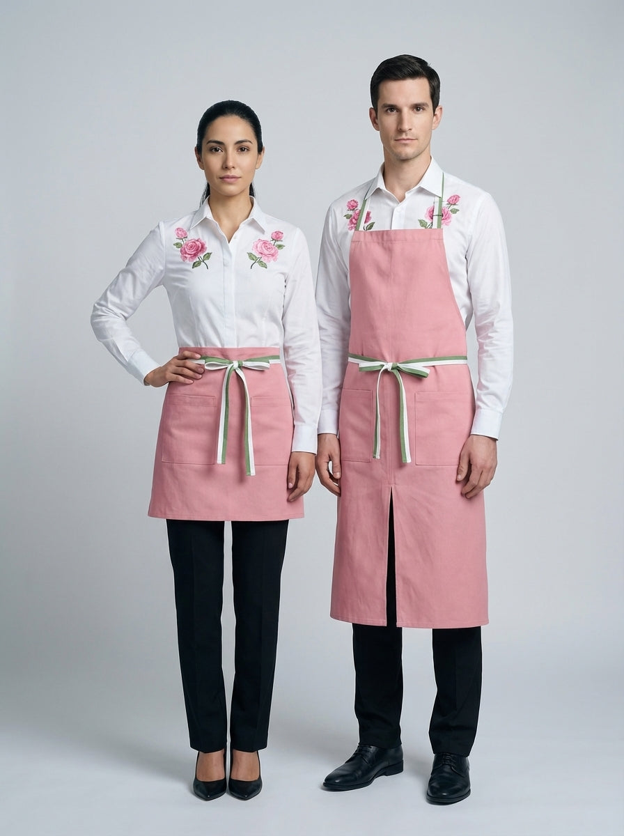 Mandil medio rosa femenino y mandil rosa con tirantes masculino, con cinturón bicolor verde y blanco y camisa bordada de rosas.