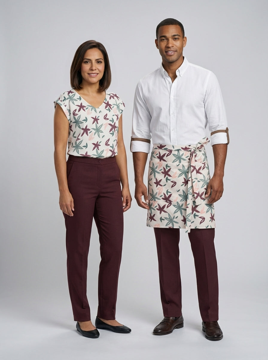 Mandil medio con estampado floral tropical en tonos vino y teal combinado con blusa y camisa a juego para mesero.