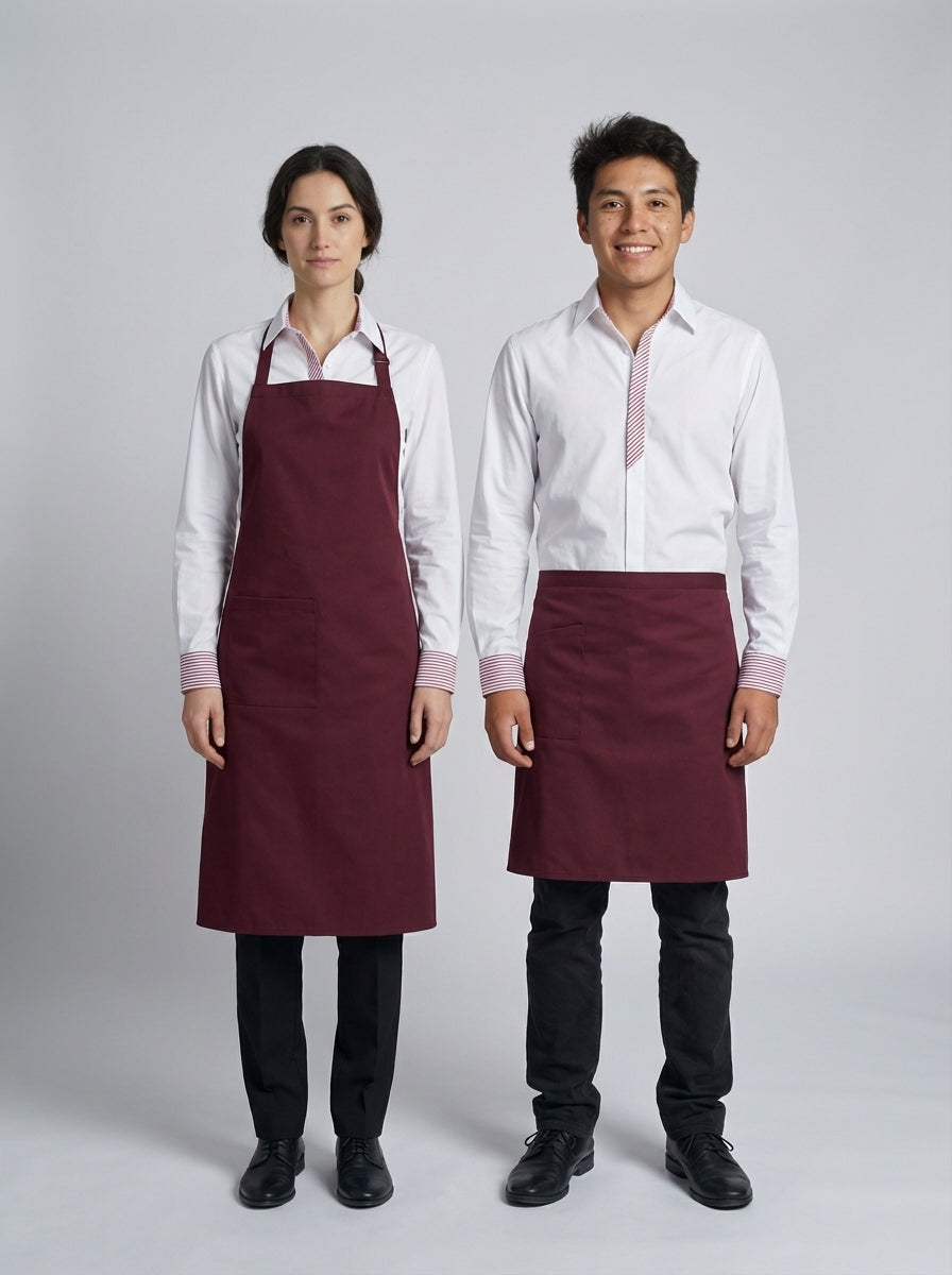 Mandil vino en versión pechero femenino y media cintura masculino combinado con camisa blanca de rayas rojas para mesero y hostess.