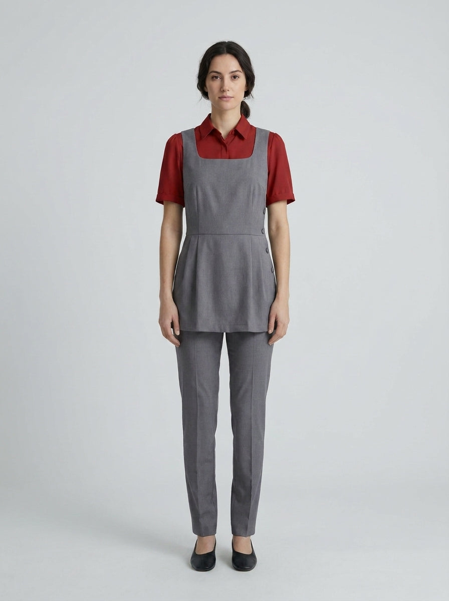 Dama con pichi gris de escote cuadrado y botones laterales sobre camisa roja y pantalón gris para camarista de hotel.