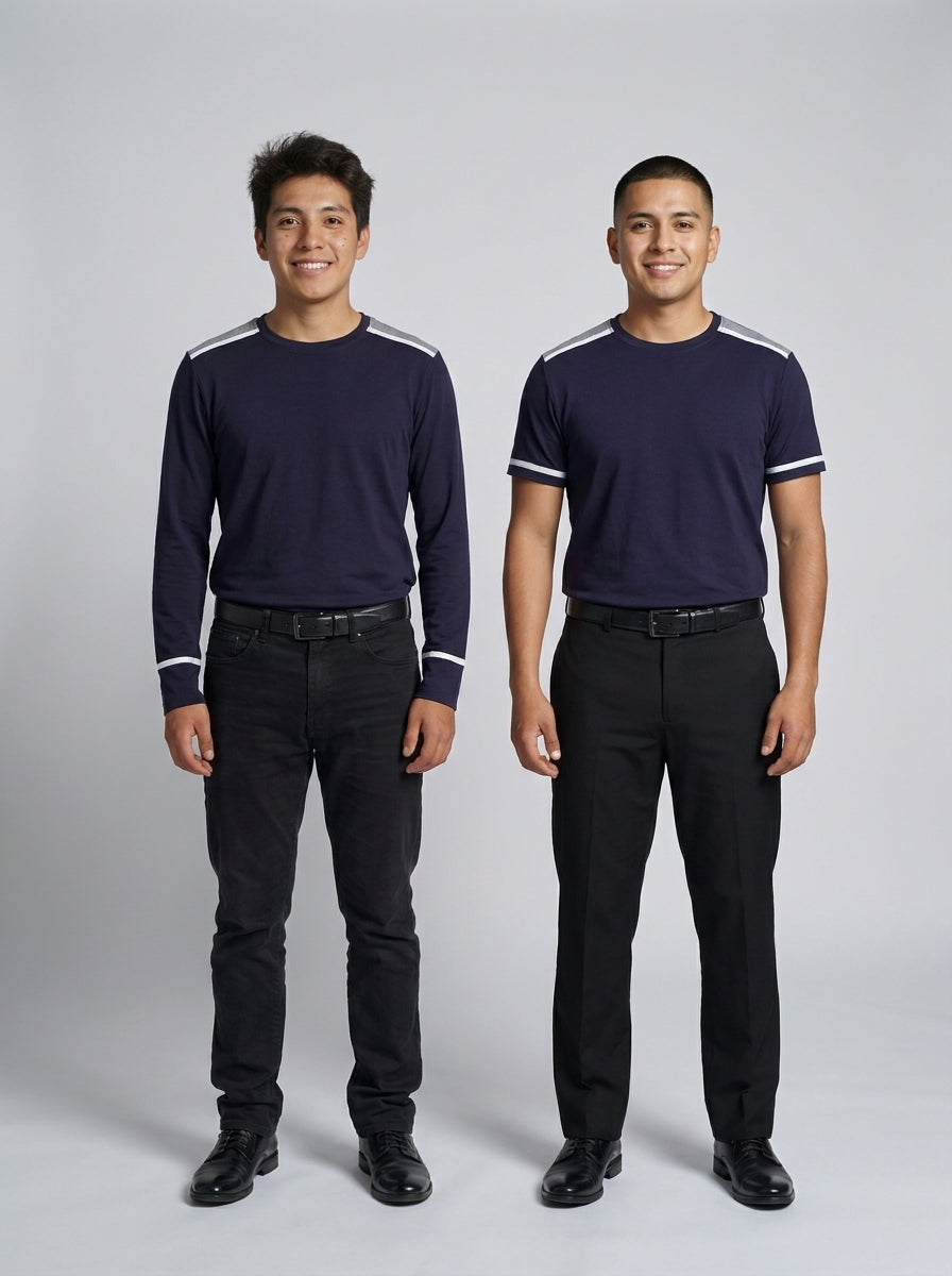 Dos caballeros con playera azul marino de franjas gris y blanco, en manga larga y corta, para seguridad de hotel y casino.