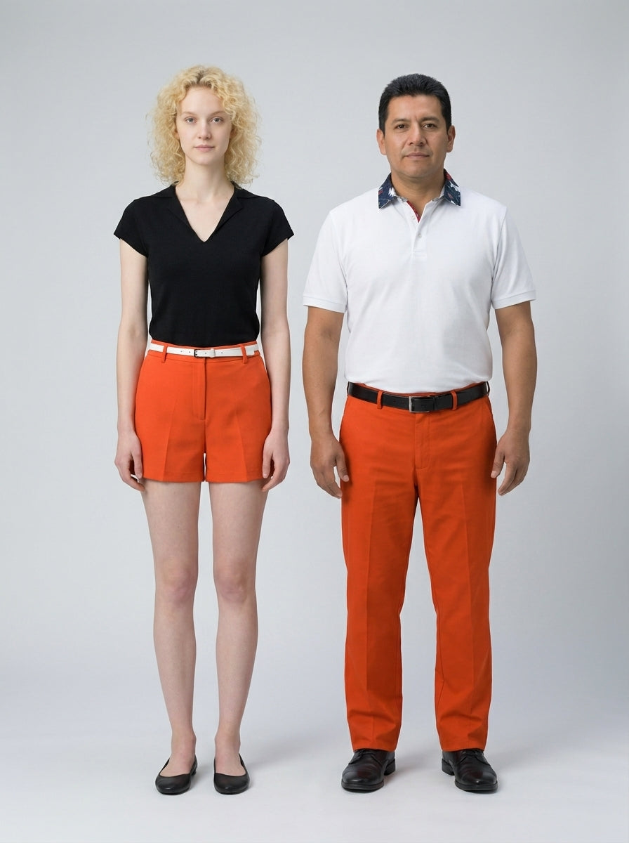 Dama con polo negro y bermuda naranja y caballero con polo blanco y pantalón naranja para personal de alberca de resort.