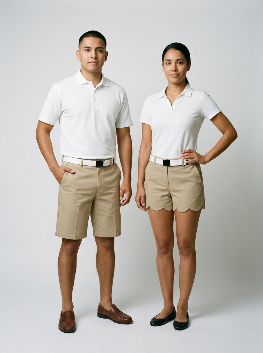 Caballero y dama con polo blanco, bermuda caqui y cinturón blanco para personal de alberca de resort.