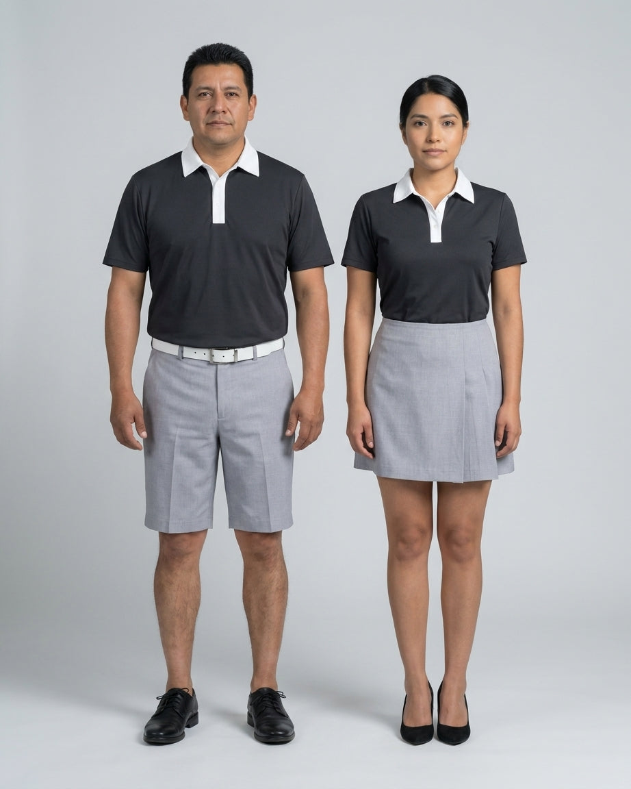 Caballero con polo gris de cuello blanco y bermuda y dama con polo gris y falda para personal de alberca de resort.