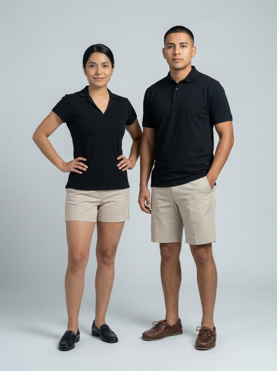 Dama y caballero con polo negro y bermuda beige para personal de alberca de resort.