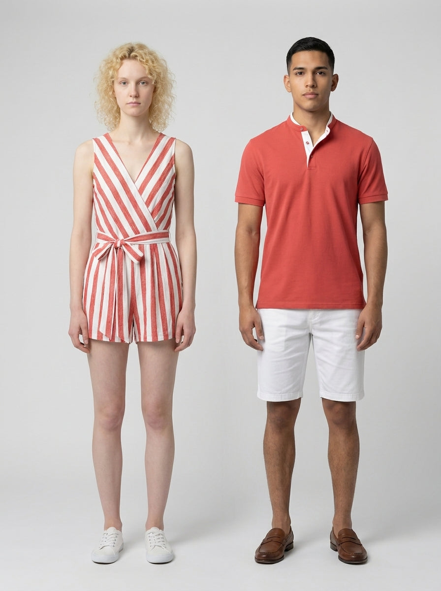 Dama con romper de rayas rojas y blancas y caballero con polo terracota de cuello mao para personal de alberca de resort.