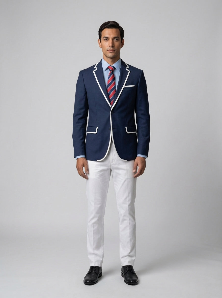 Caballero con saco azul marino de ribete blanco sobre camisa azul claro con corbata de rayas y pantalón blanco para mesero de restaurante.
