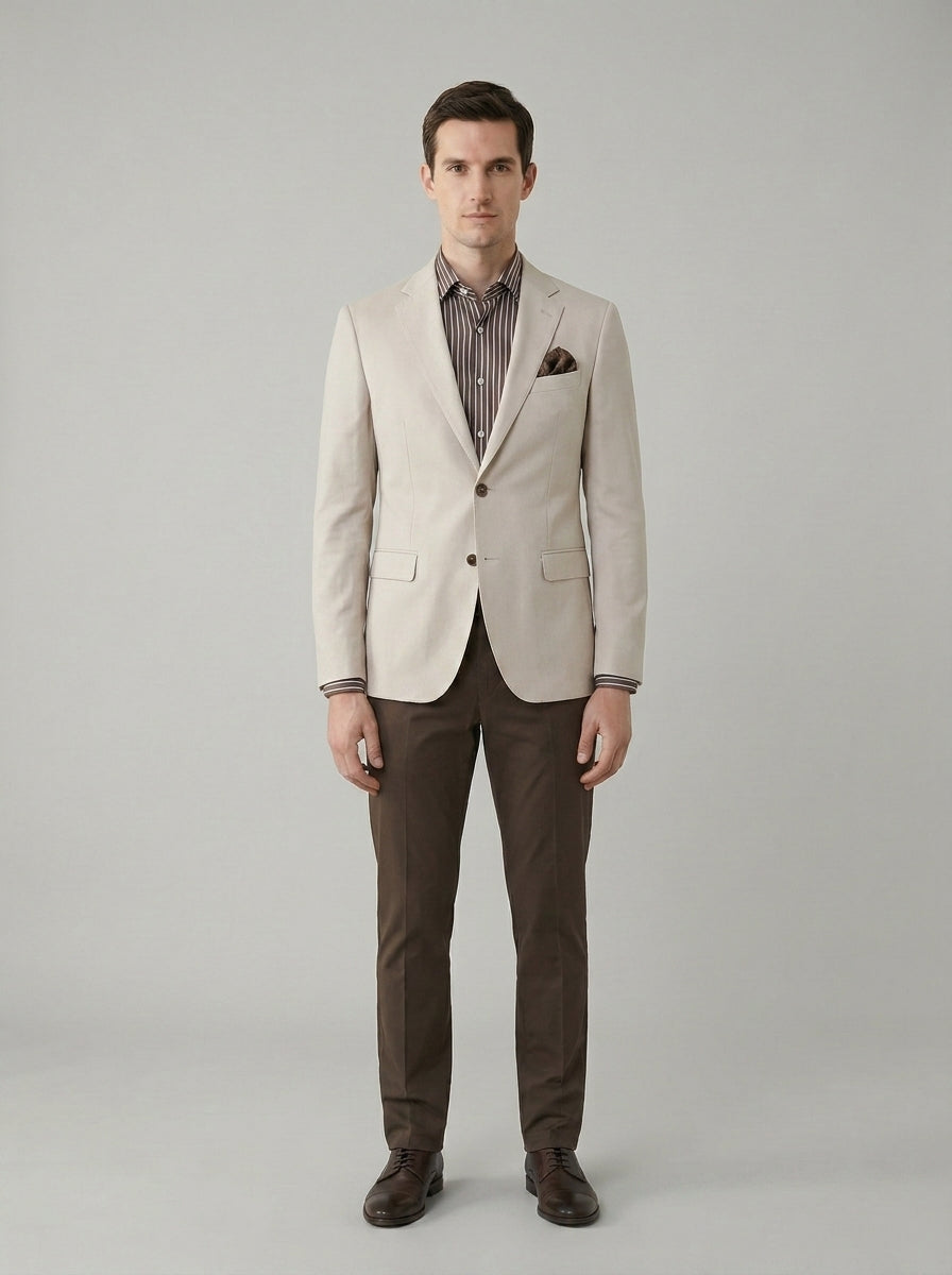 Caballero con saco beige de lino y solapa, camisa de rayas y pantalón café, para recepción de resort.