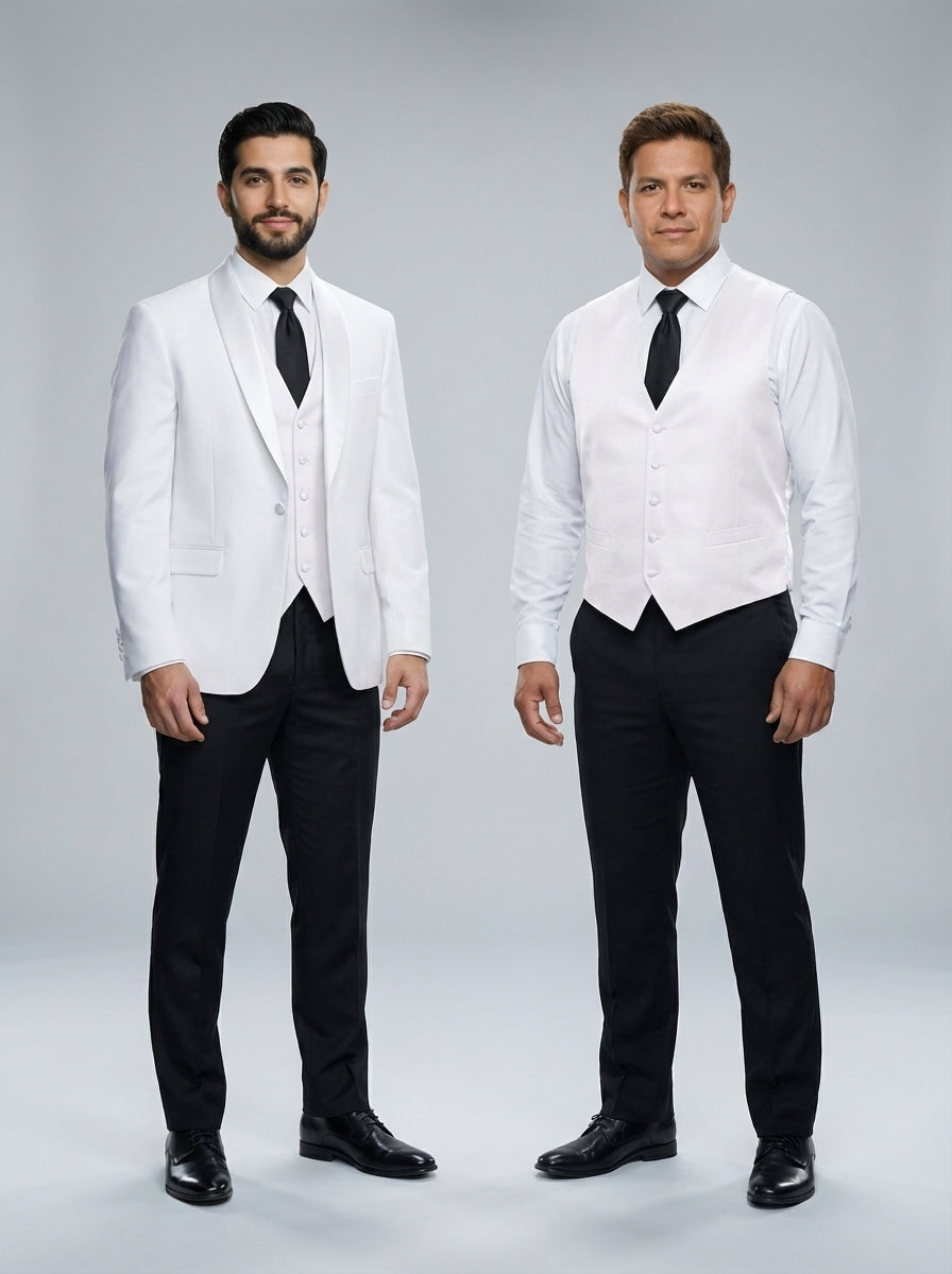 Dos caballeros con saco blanco de solapa de chal y chaleco blanco sobre camisa blanca con corbata negra para personal de restaurante.