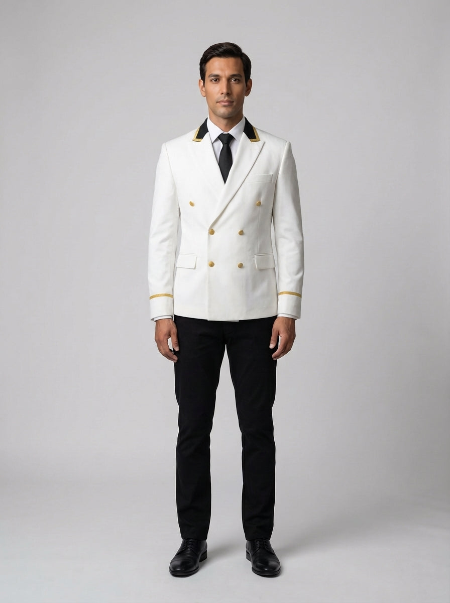 Caballero con saco blanco de doble botonadura y seis botones dorados con cuello negro para personal de restaurante.