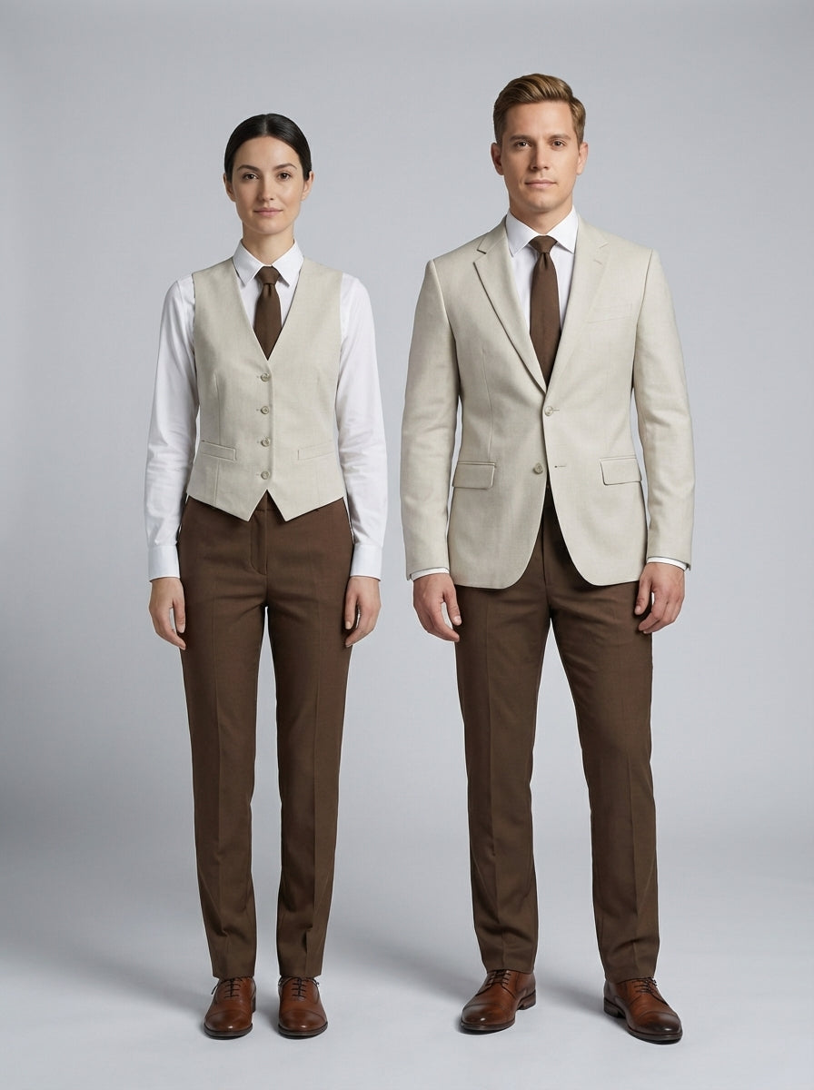 Dama con chaleco arena y caballero con saco arena sobre camisa blanca con corbata café y pantalón café para personal de restaurante.
