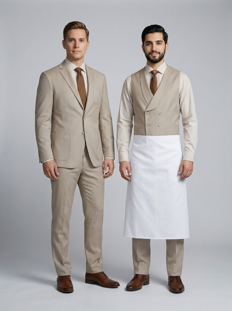 Dos caballeros con traje beige y chaleco beige sobre camisa de rayas con corbata café para mesero de restaurante.