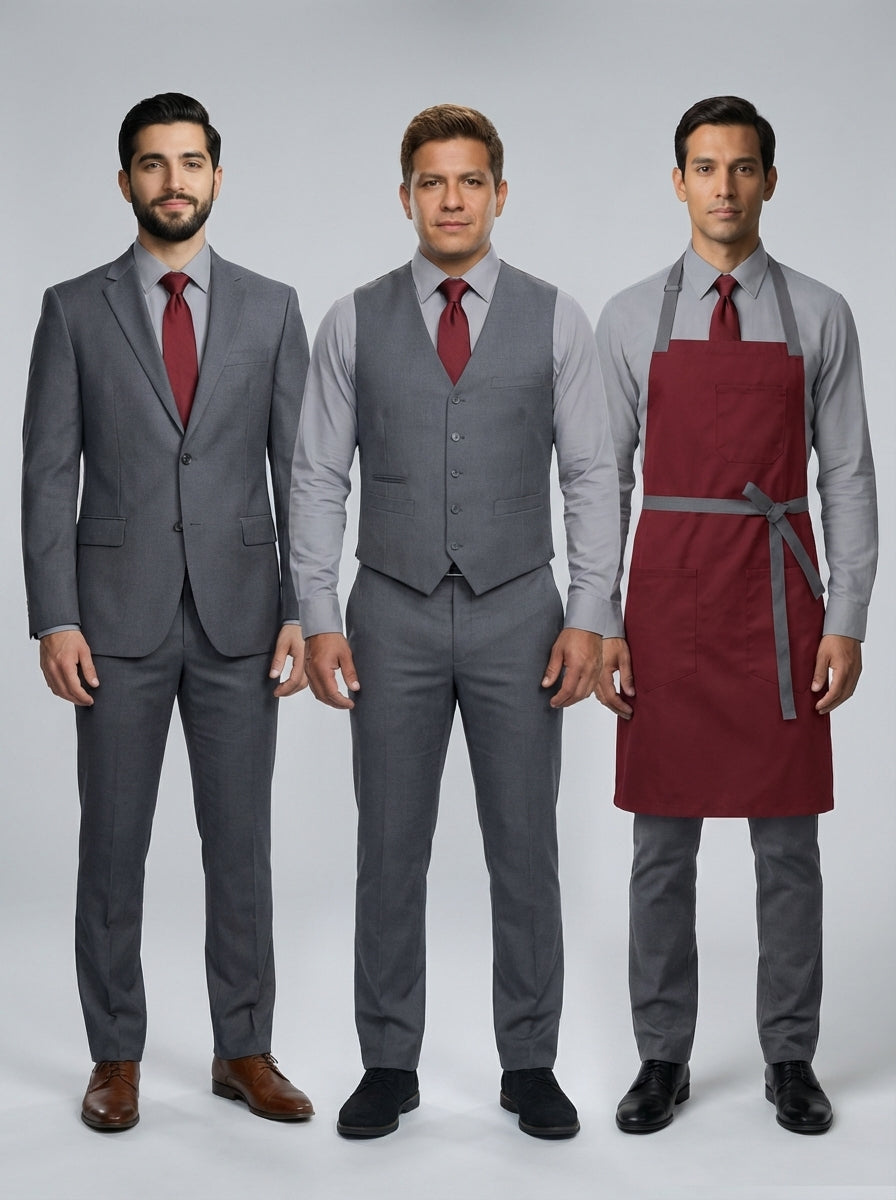 Tres caballeros con saco, chaleco y mandil en gris y vino sobre camisa gris con corbata vino para personal de restaurante.