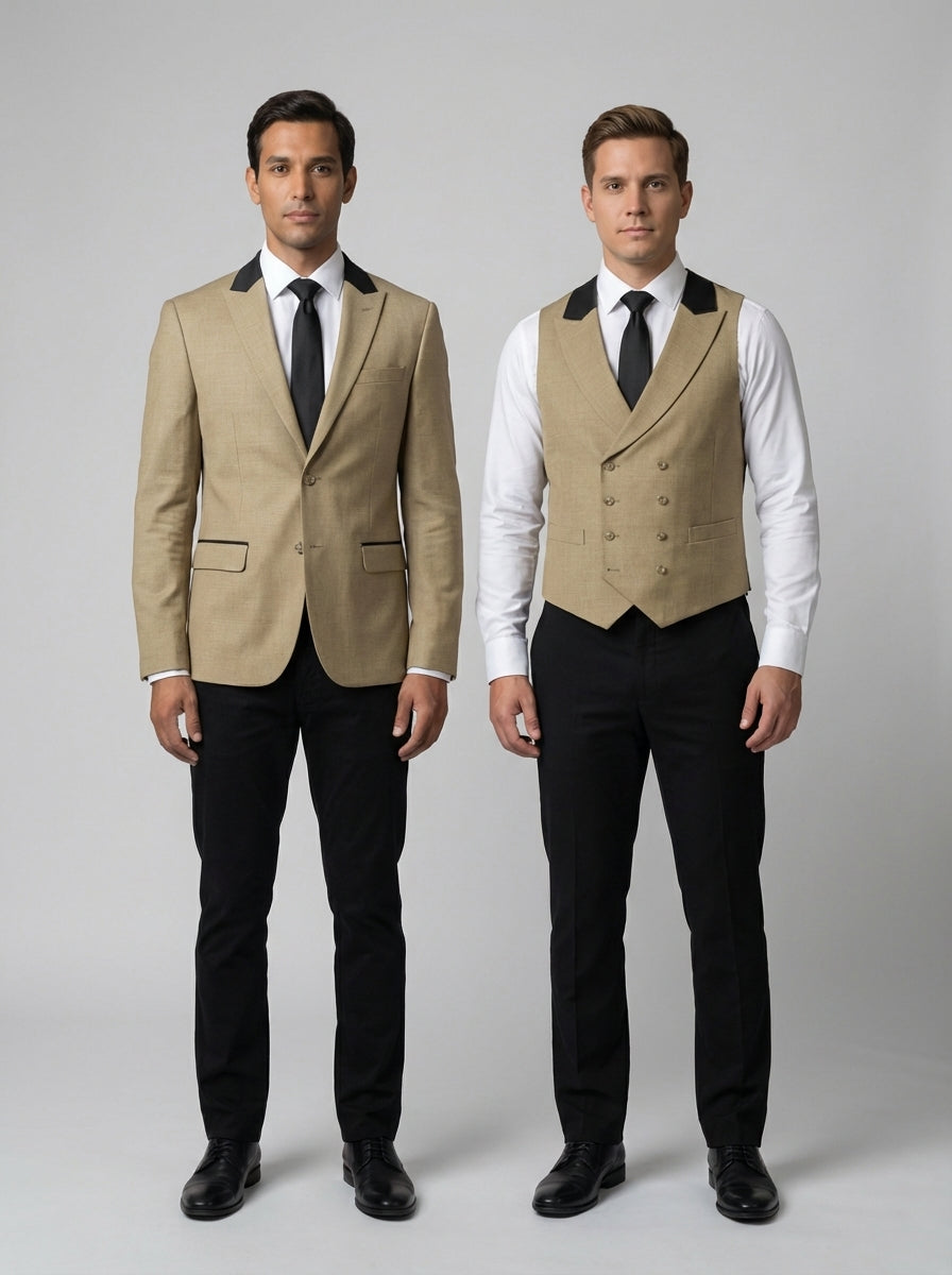 Dos caballeros con saco y chaleco kaki con detalle negro en solapas sobre camisa blanca para personal de restaurante.