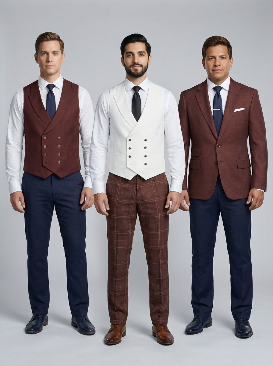 Tres caballeros con saco y chalecos en vino y marfil sobre camisa blanca para personal de restaurante.